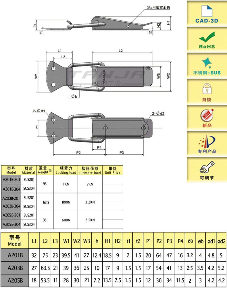 【天甲】A203B-201不銹鋼搭扣 儀器箱扣 可插銷安全搭扣 彈簧搭扣