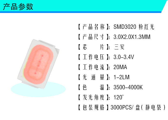 供应正品LED3020调粉红光贴片