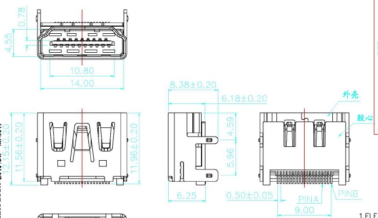 HDMI 19P母座四脚DIP打泡点针SMT