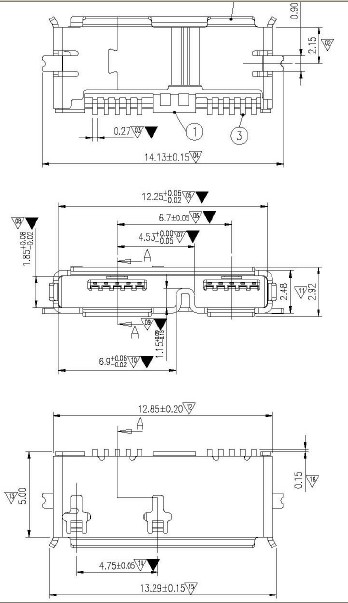 MICRO USB 3.0母座 AB型口两脚SMT针SMT