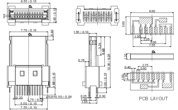 MINI USB 12P焊線式公頭 單排 