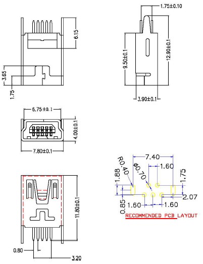 MINI USB 5P母座 B型直插长直脚180度