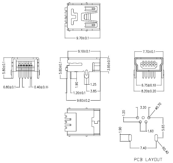 MINI USB 5P母座 90度两脚DIP