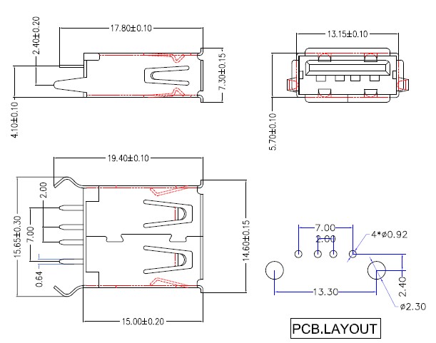 USB A母180度直插15.0彎腳