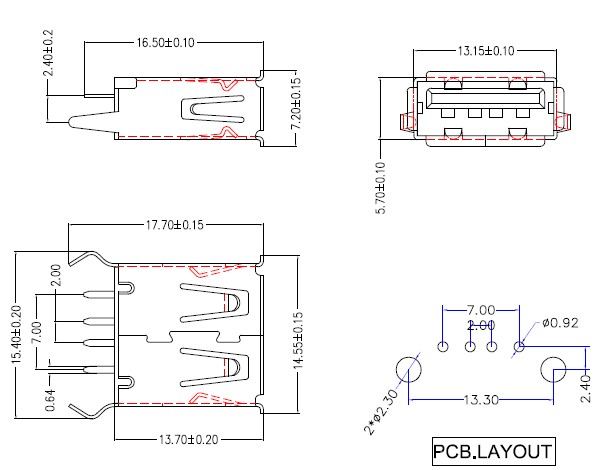 USB A母180度直插13.7彎腳