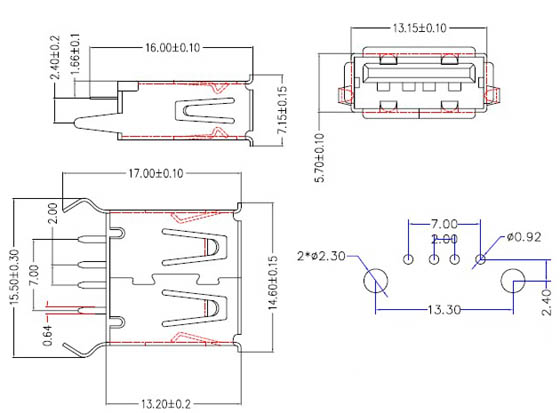 USB A母180度直插13.0直腳