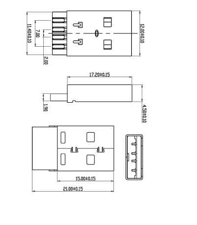 USB A公焊线式短体成品(反向) 