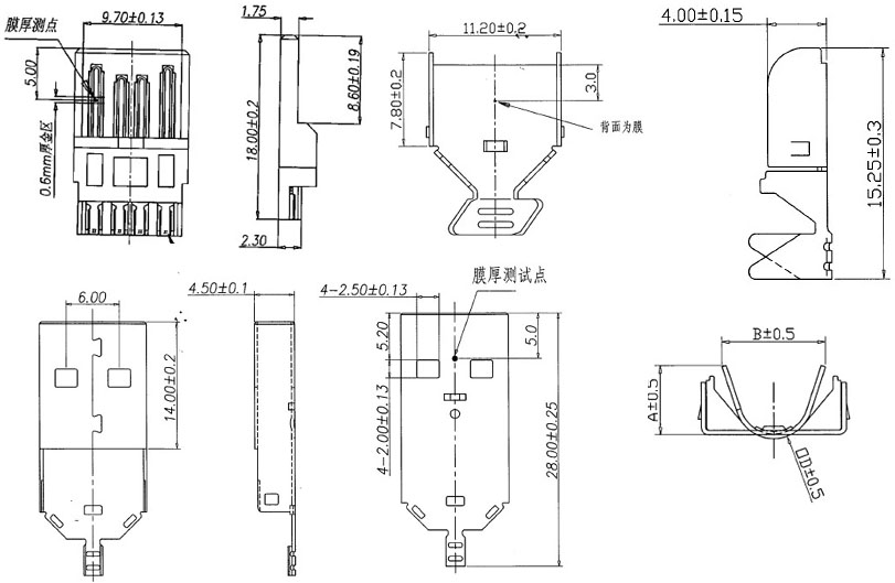 USB A公短体三件式 28mm长