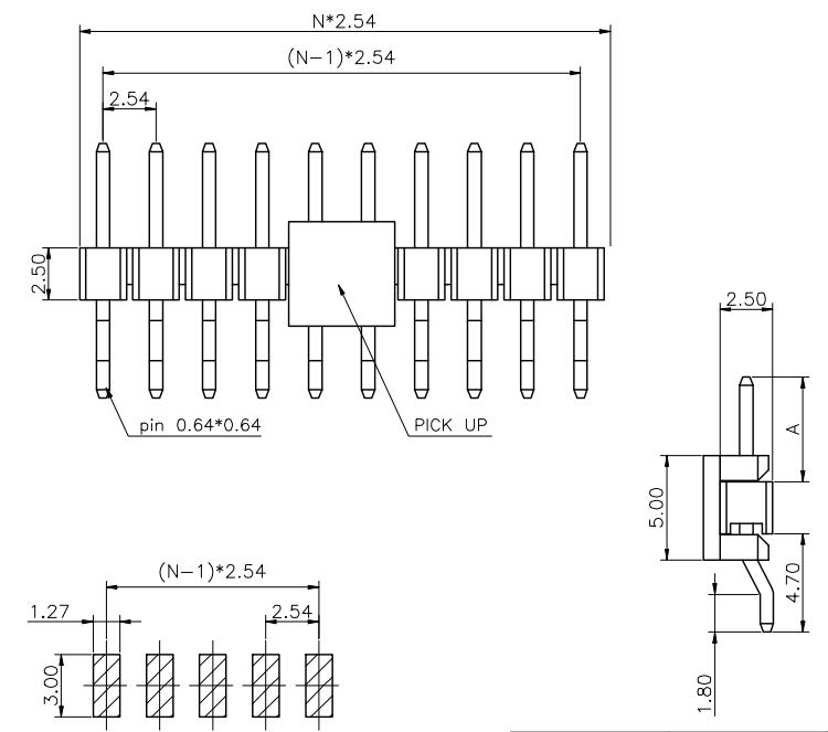 LL1010-5B 2.54MM 2.54MM 11PIN--140PIN單排臥貼排針原始圖片2