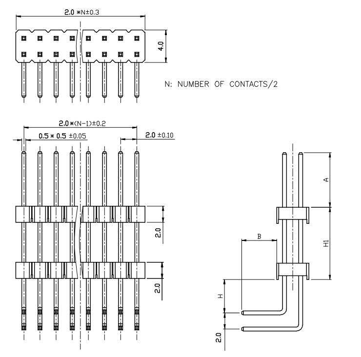 LL1012B-02C 2.0MM 21PIN--240PIN双排双塑弯排针