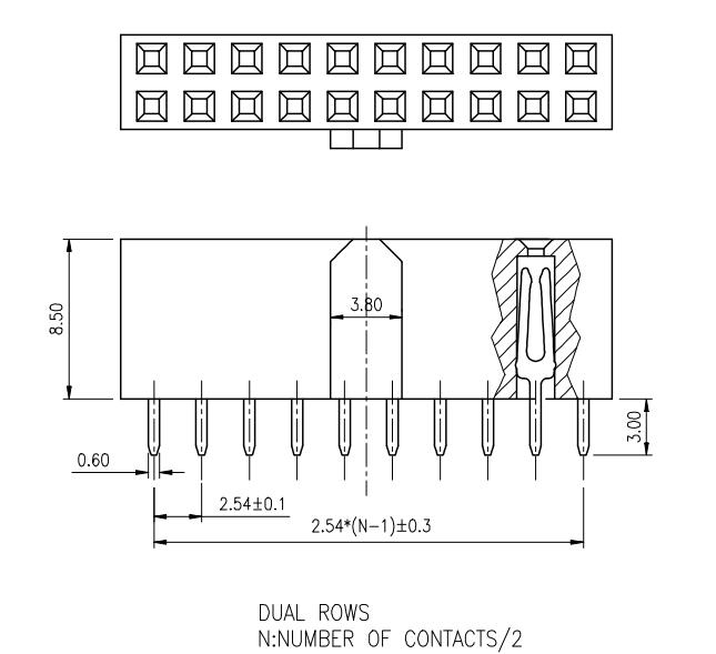 LL1014-4B 2.54mm 25PIN-225PIN雙排排母 防呆 帶定位凸點(diǎn) 加長加厚款原始圖片2