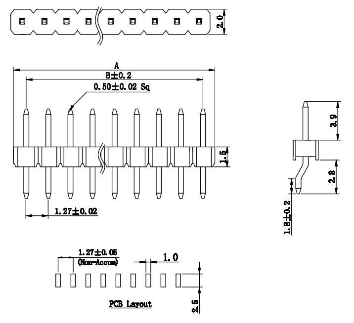 LL1013-01G 1.27MM 11PIN--140PIN單排臥貼排針 HORIZONTAL原始圖片2