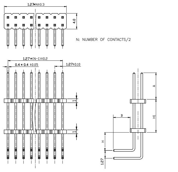 LL1013-03B 1.27mm 21PIN--250PIN雙排雙塑彎排針PIN HEADER