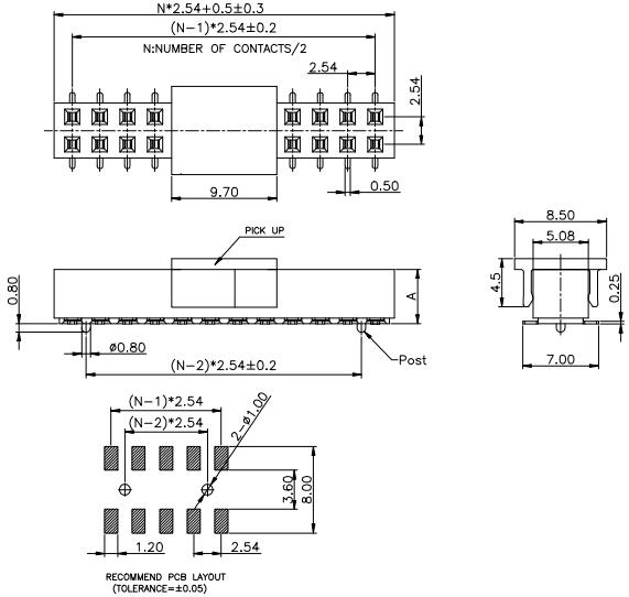 LL1015-1E 2.54mm 22PIN--240PIN雙排貼片排母座