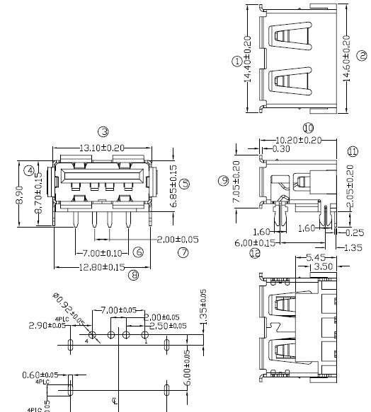 USB A母90短体四脚鱼叉有卷边