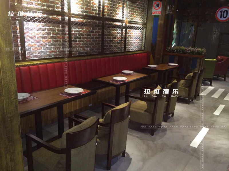 西安烘培店甜品店飲品店實木休閑桌椅實木皮藝長沙發組合定做原始圖片2