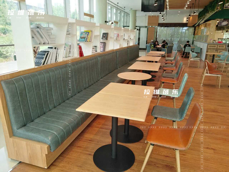 西安烘培店甜品店飲品店實木休閑桌椅實木皮藝長沙發組合定做原始圖片3